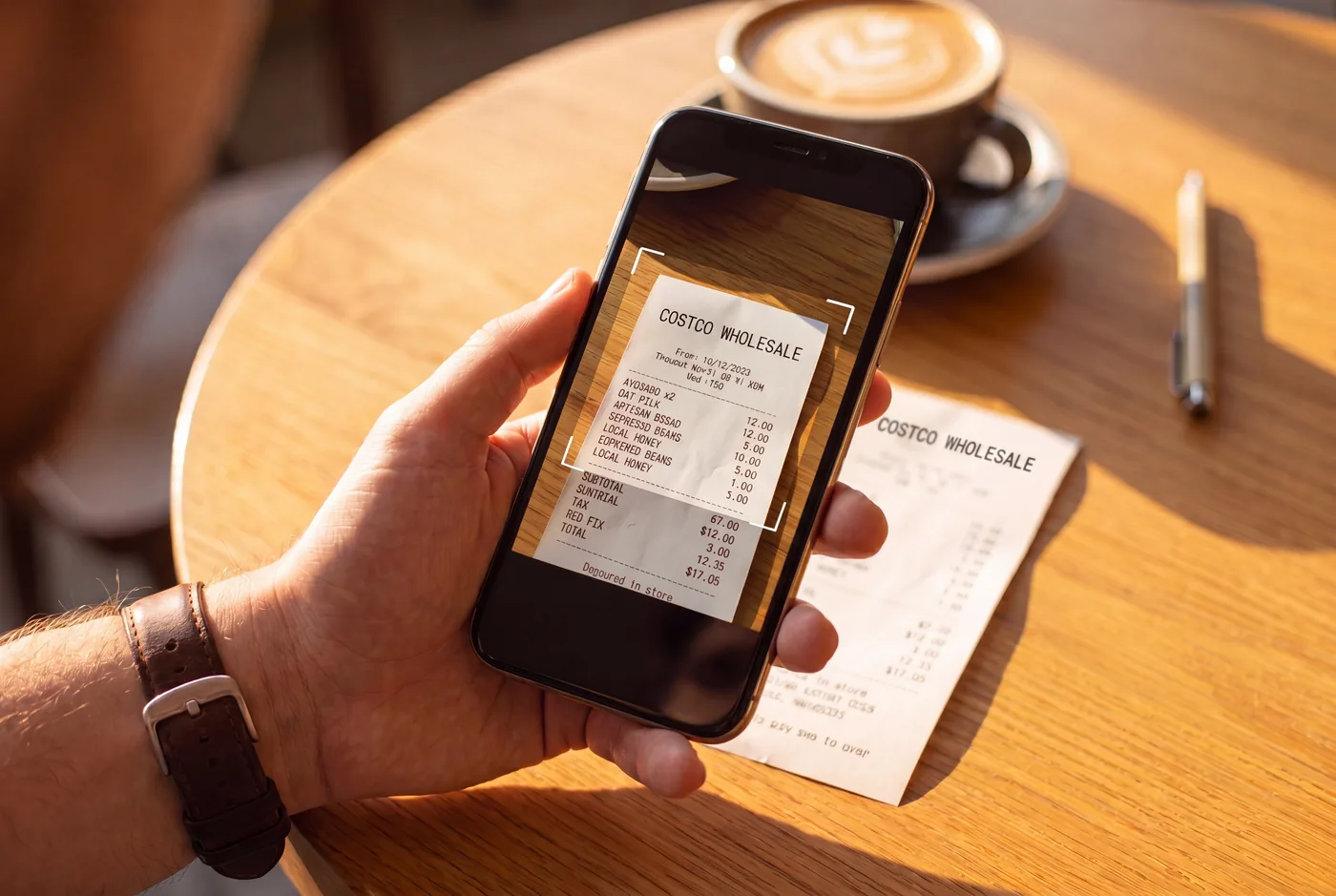 A Costco Wholesale receipt being photographed on a cafe table — the moment of capture